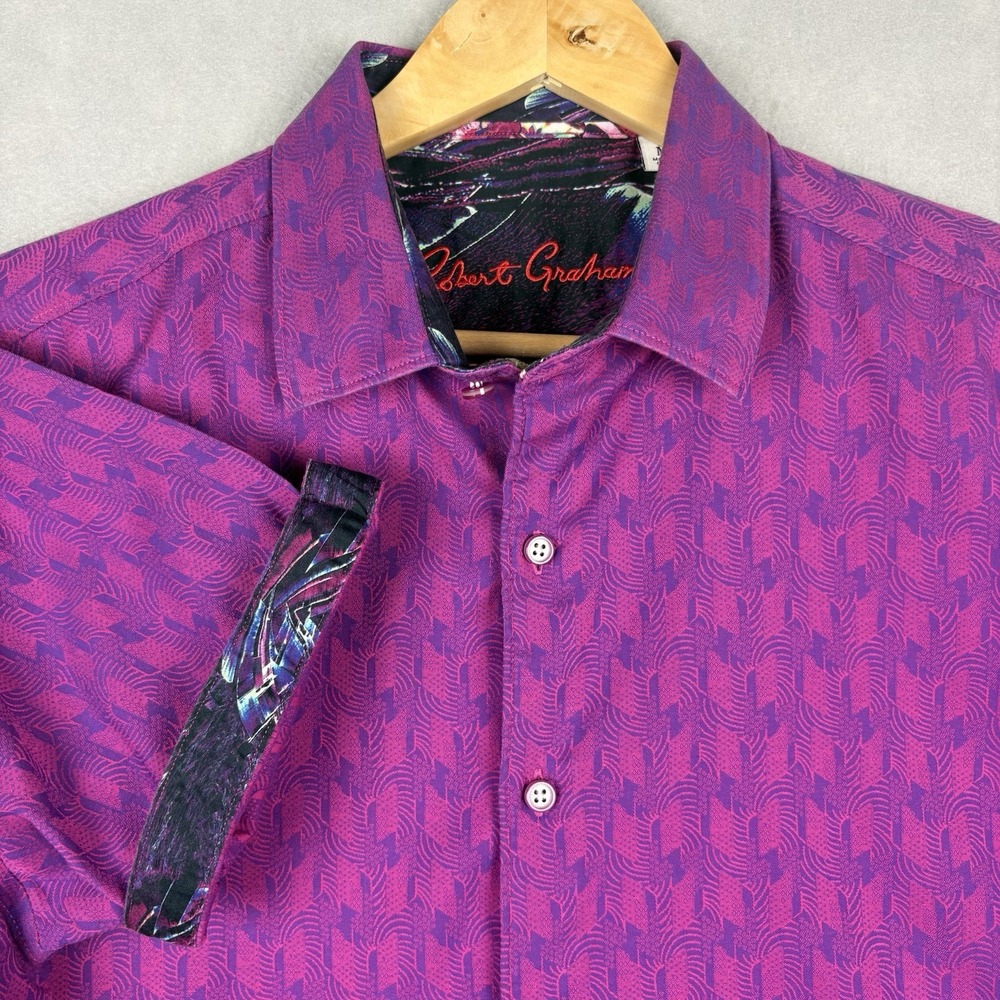Robert Graham Shirt Mens Medium Purple Geometric AOP Short Sleeve Classic Fit